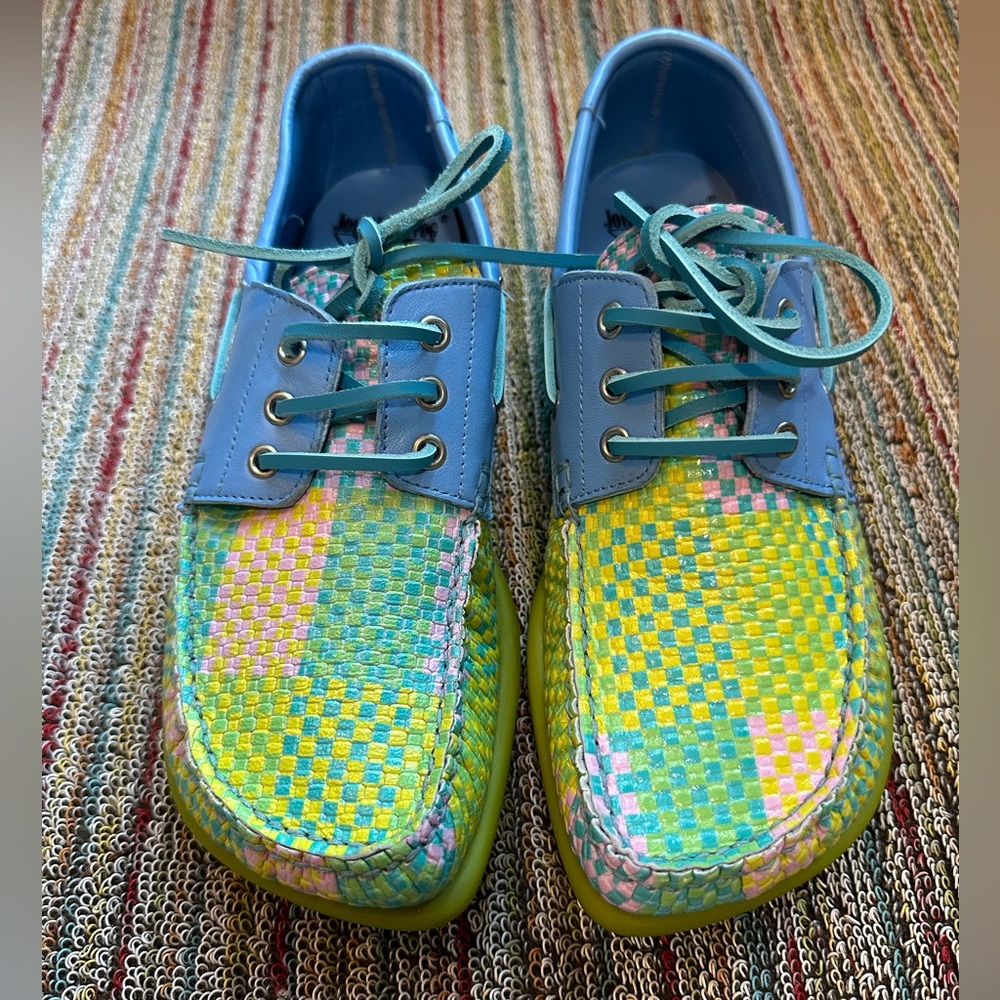 Fluevog LIKE NEW Peacemaker Sailor Swift multi-weave blue loafer boat shoe -9 - Picture 5 of 16